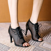 Sultry Mesh Lace-Up Heel Booties - Elegance Meets Edgy in Every Step
