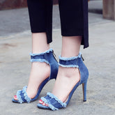Denim Delight High Heel Sandals with Frayed Ankle Straps - Edgy Elegance for the Modern Woman