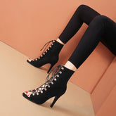 Glamorous Suede Lace-Up Peep-Toe Booties - Dazzling Detail for Fashion Enthusiasts
