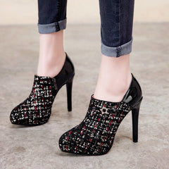Glamorous Tweed & Patent Leather Ankle Boots - Bold High Heels for Trendsetters