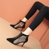 Sleek Black Suede and Mesh Lace-Up Booties - Modern Elegance with a Twist