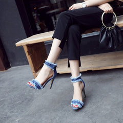 Denim Delight High Heel Sandals with Frayed Ankle Straps - Edgy Elegance for the Modern Woman