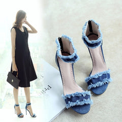 Denim Delight High Heel Sandals with Frayed Ankle Straps - Edgy Elegance for the Modern Woman