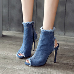 Trendsetter Denim Peep-Toe Booties with Frayed Detail - Urban Edge Meets Sophistication