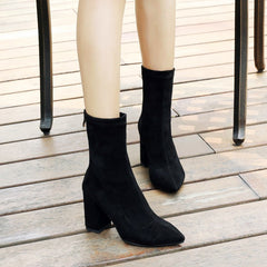 Sleek Suede Mid-Calf Boots - Versatile Elegance with Pointy Toe & Block Heel