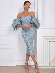 Off Shoulder Pleated Midi Backless Bodycon Dress