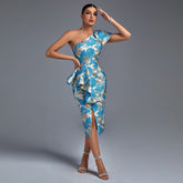 Slanted Shoulder Slit Midi Bodycon Dress