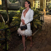 V Neck Long Sleeve Over Knee Feather Bodycon Dress