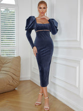 Square Collar Puff Sleeve Midi Bodycon Dress