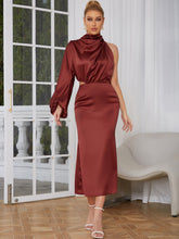 High Neck Long Sleeve Midi One Sleeve Bodycon Dress