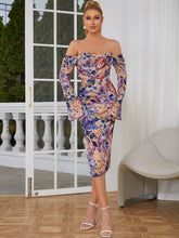 Off Shoulder Long Sleeve Over Knee Printing Bodycon Dress