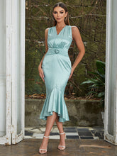 V Neck Sleeveless Flouncing Midi Bodycon Dress