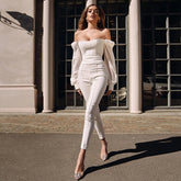 Off Shoulder Long Sleeve Button Bodycon Jumpsuit