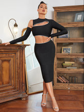 Round Neck Long Sleeve Over Knee Diamente Embellished Bandage Dress