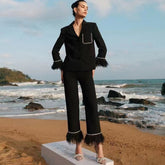 V Neck Long Sleeve Wool Bodycon Suit HL3161