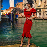 Square Collar Short Sleeve Ruffle Midi Bandage Dress