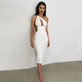 One Shoulder Sleeveless Midi Metal Studded Bandage Dress