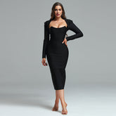 Square Collar Back-Slit Midi Bandage Dress