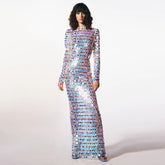 Round Neck Long Sleeve Maxi Sequins Bodycon Dress