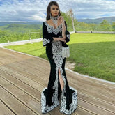 High Neck Mid Sleeve Maxi Embroidered Bodycon Dress