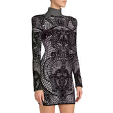 High Neck Long Sleeve Mini Plaid Bodycon Dress