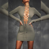 High Neck Long Sleeve Tie Mini Bodycon Dress