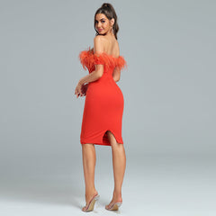 Off Shoulder Feather Trim Midi Dress
