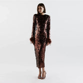 Round Neck Sequins & Feather Bodycon Dress KLYF608