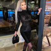 High Neck Midi Decorative Pattern Bodycon Dress OLD061605