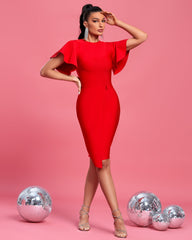 Round Neck Ruffles Sleeve Midi Bandage Dress