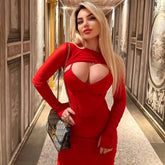 Long Sleeve Cut Out Mesh Bandage Dress