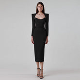 Square Collar Long Sleeve Slit Midi Bandage Dress