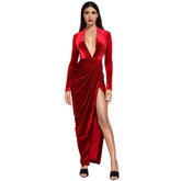 V Neck Long Sleeve Wrinkled Maxi Bodycon Dress