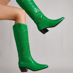 Embroidered Thick Heeled Pointed Toe Boots