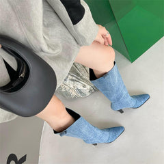 Denim Pointed Toe High Heeled Western Cowboy Boots
