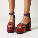 Elizabeth Platform Chunky Heel Studded Plaid Sandals