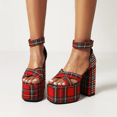 Elizabeth Platform Chunky Heel Studded Plaid Sandals