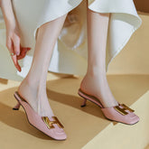 Dora Square Toe Kitten Heel Mules with Chain