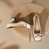 Faigy Square Toe Gold Chain Heels White