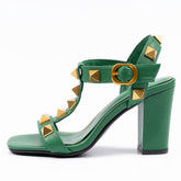Ezra Studded Green Chunky Heel Sandals