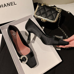 Greta Black Satin Heels