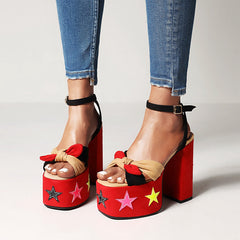 Ellie Platform Red Star Chunky Heel Ankle Strap Sandals