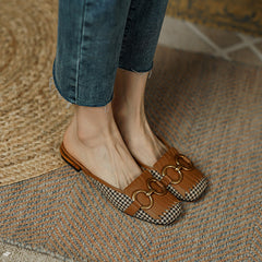 Elin Vintage Plaid Flat Mules-Brown