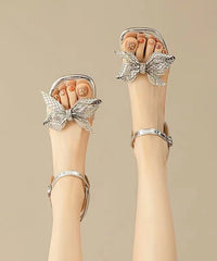 Silver Faux Leather Sandals Sequins Bow Unique Splicing