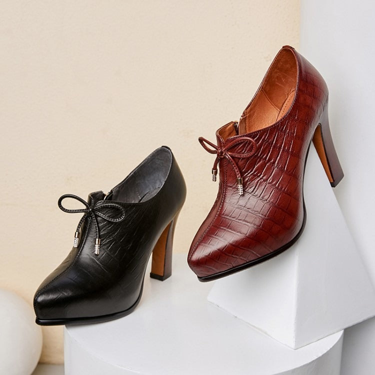 Classic Croc-Embossed Leather Lace-Up Heels - Timeless Sophistication for Professional Wear