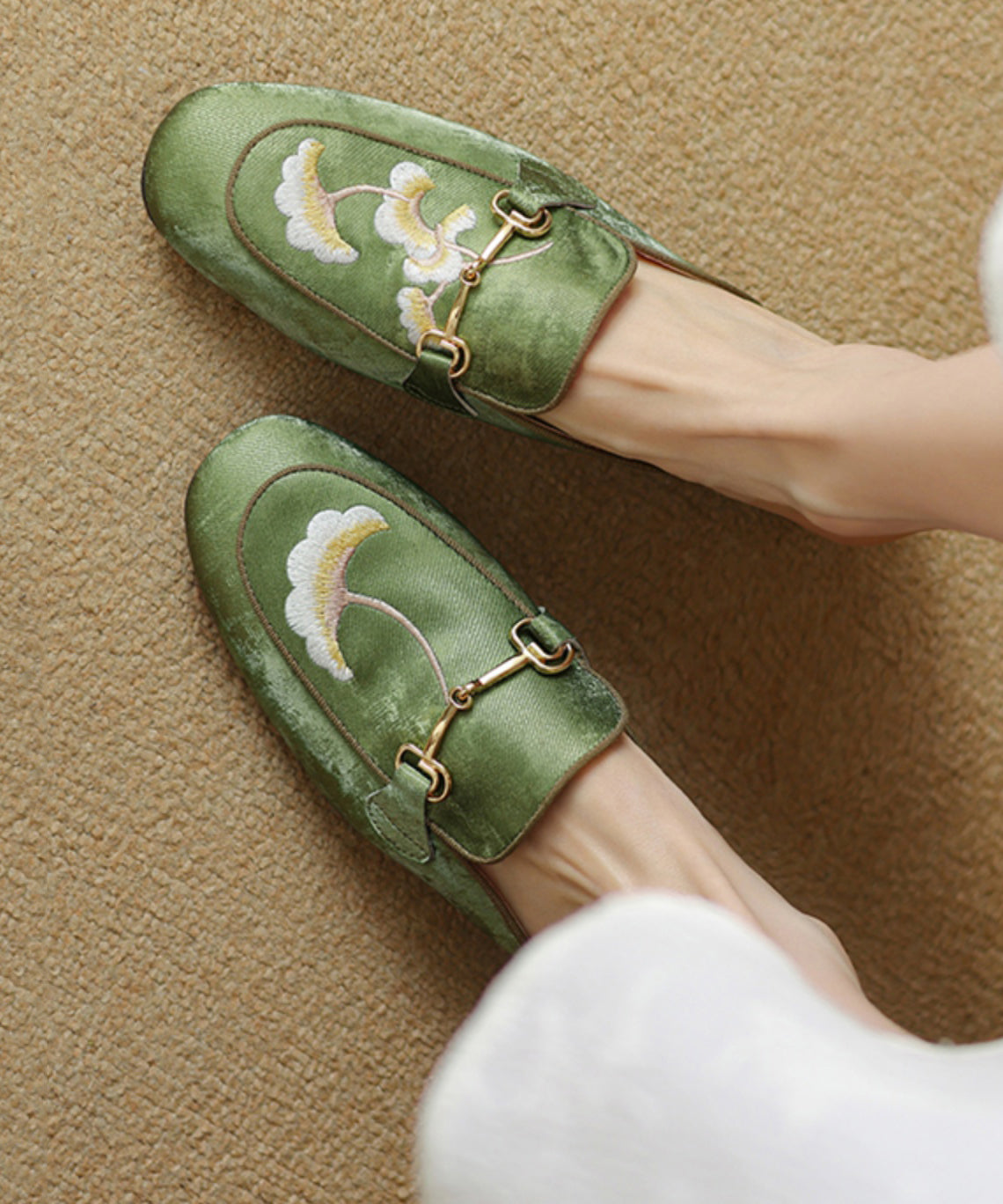 Stylish Chinese Style Green Satin Embroidery Slide Sandals