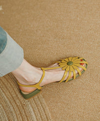 Floral Hollow Out Soft Splicing Flat Sandals Yellow Faux Leather