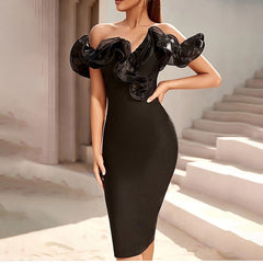 Off Shoulder Pleated Midi Backless Bodycon Dress