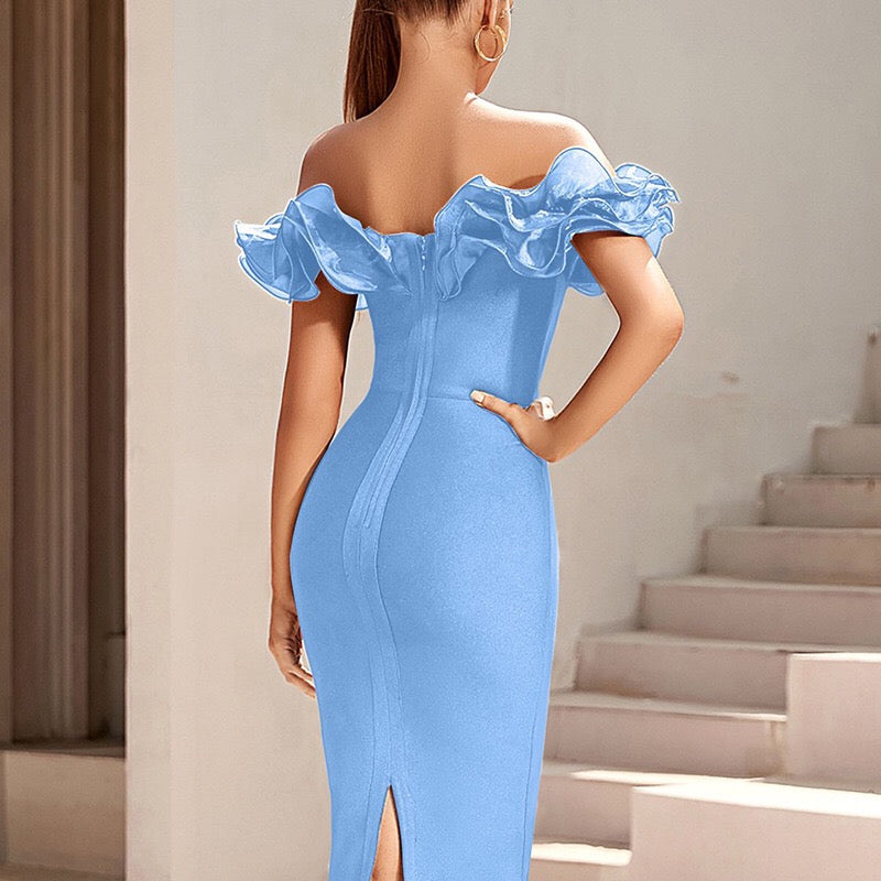 Off Shoulder Pleated Midi Backless Bodycon Dress