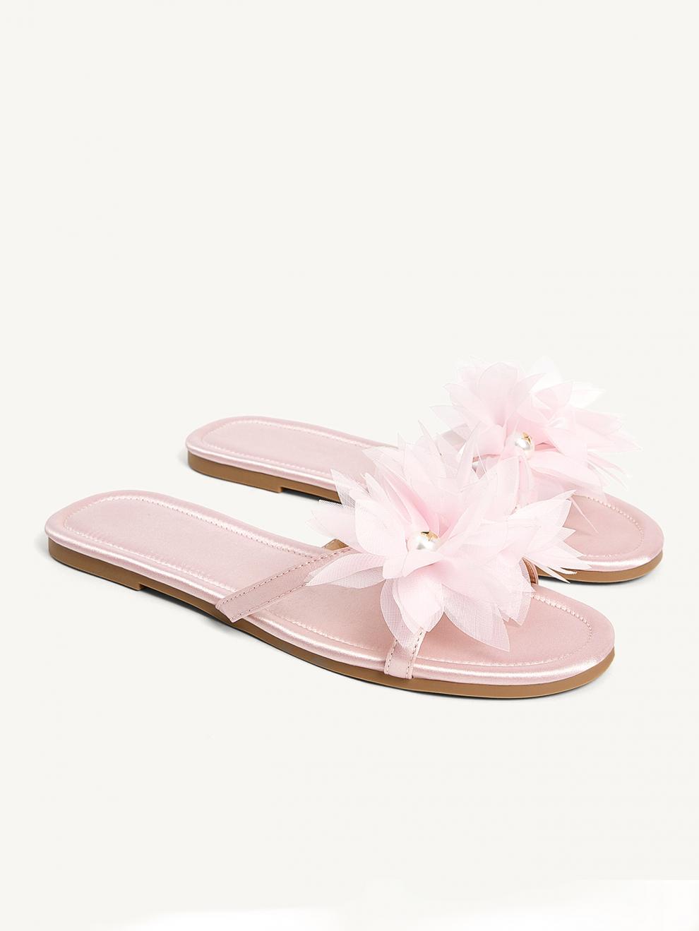 Pink Slippers With Big Flowers And Pearl Sandals